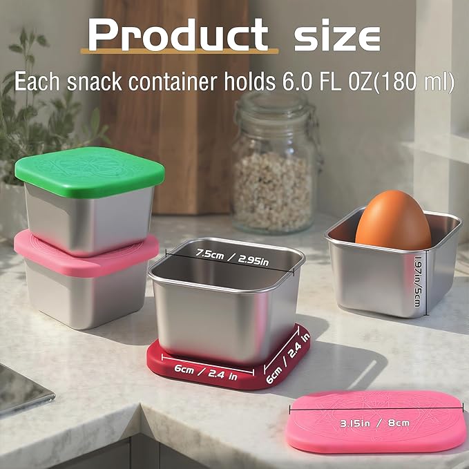 6Pack Stainless Steel Snack Containers for Kids, 6oz Easy Open Leak Proof Small Food Storage Container with Silicone Lids, Stackable Metal Toddler Lunch Box for Daycare, School and Travel