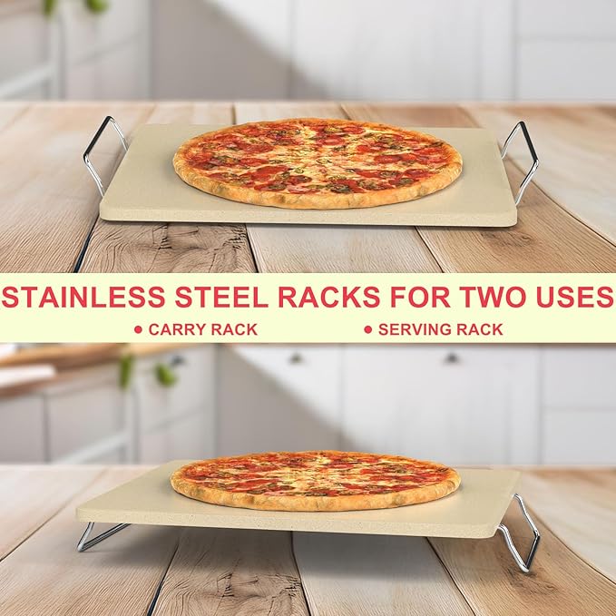Universal Extra Large Pizza Stone with Rack for Oven, BBQ Grilling, 12" x 15" Natural Cordierite Rectangular Baking Stone Kit with Pizza Peel & Plastic Scraper for Baking Bread, Baking Pizza, Cookies