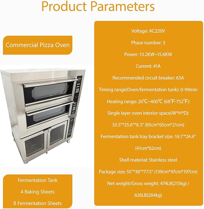 220V Commercial Pizza Oven 3PH Stainless Steel Countertop Electric Movable Pizza Oven with fermentation Tank 4 Baking Sheets and 8 Fermentation Sheets for Commercial Use