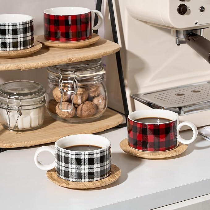 LUKA Porcelain Espresso Cup with Metal Stand,6 Ounce Stackable Ceramic Demitasse Espresso Mugs Cappuccino Cups Set for Latte,Coffee,Cafe Mocha,Tea - Set of 4 (Plaid Red & Gray)