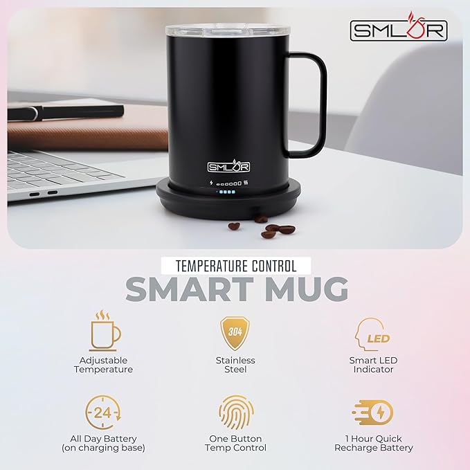 SMLDR Pro Heated Mug, 14 oz Smart Coffee Mug, Self-Heating, Adjustable Temperature, Battery Powered, Great for Coffee & Tea, Excellent Gift (Black)