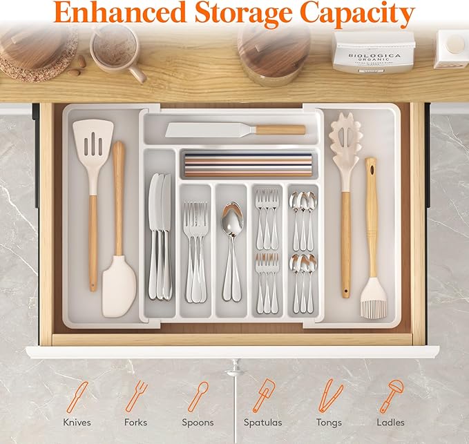Lifewit Silverware Drawer Organizer, Expandable Utensil Organizer for Kitchen Drawers, Adjustable Cutlery and Flatware Tray, Plastic Spoons Forks Knives Holder Storage Dividers, Large, White