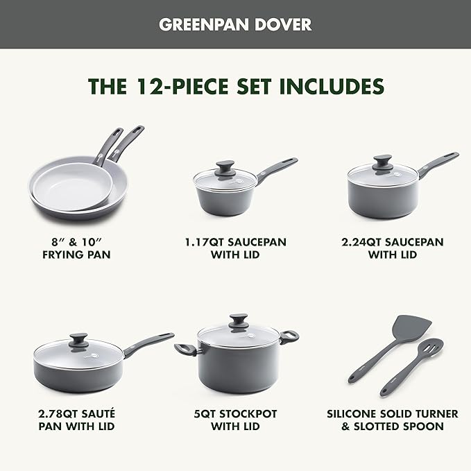GreenPan Dover Healthy Ceramic Nonstick, 12 Piece Cookware Pots and Pans Set, PFAS-Free, Dishwasher Safe, Comfort Grip Handle, Gray