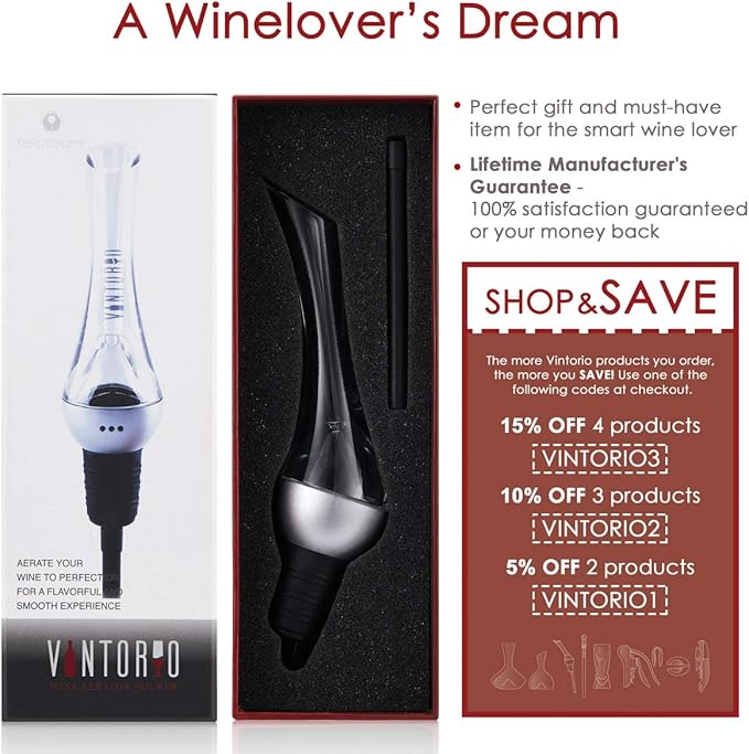 Vintorio Wine Aerator Pourer - Premium Aerating Pourer and Decanter Spout (Silver)