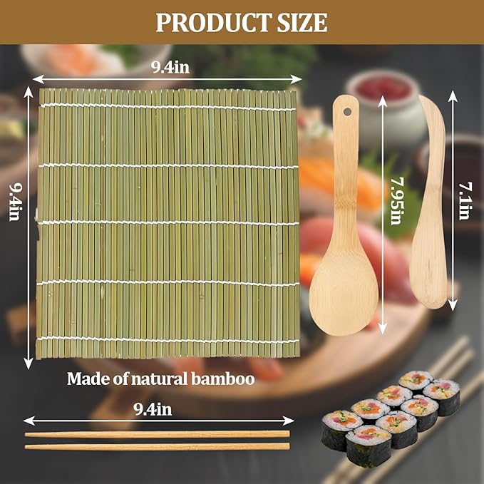 Sushi Making Kit, 6 PCS Beginner Sushi Maker Set, Including 2 Green Bamboo Rolling Mats, 2 Pairs Chopsticks, 1 Paddle,1 Spreader, Natural Bamboo Material, Ideal Gift for Kids, Friends, Home Chef