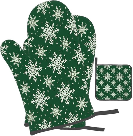Oven Mitts Pot Holders Set 3 for Kitchen, Snowflake Insulation Oven Gloves Heat Resistant Pot Pads Cook Essentials Accessories for BBQ Baking Cooking Kitchen Decor Gifts for Women