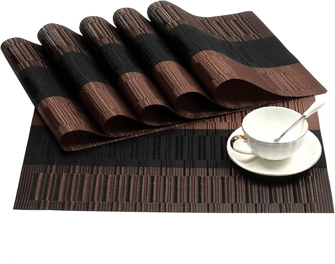 SHACOS Placemats with Table Runner Set of 7 Woven Vinyl Plastic Wipe Clean Heat Resistant Table Mats and Runner Set for Dining Table, Ombre Coffee Black