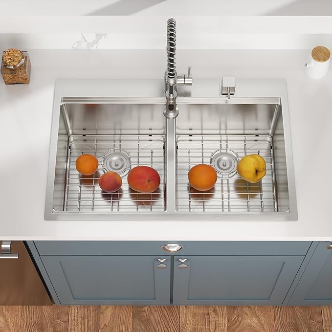 Mocoloo 33 Inch Double Bowl Kitchen Sinks - 33 x 22 Inch Drop In Kitchen Sinks Workstation 16 Gauge 50/50 Stainless Steel Topmount Double Bowl Handmade, 10 Inch Deep