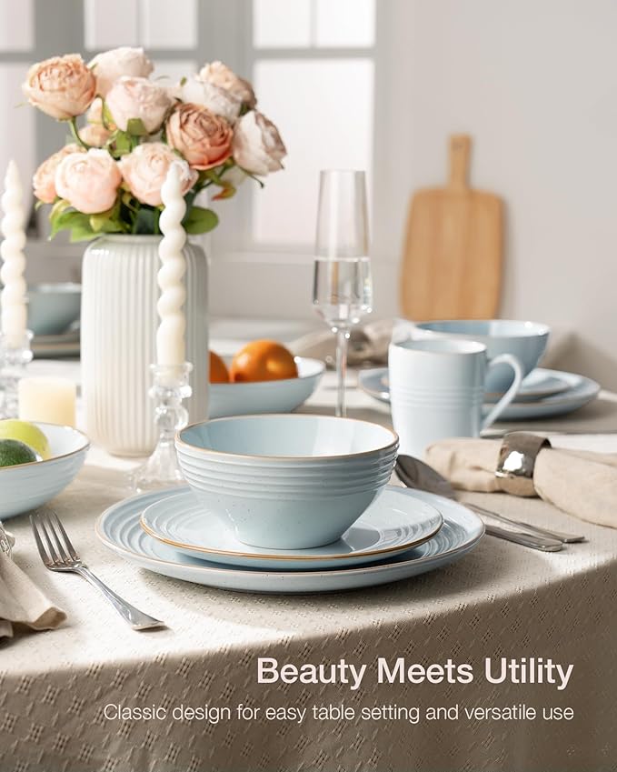 Famiware Jupiter Dinnerware Set, Plates and Bowls Dish Sets for 6 (18 Pieces), Microwave and Dishwasher Safe Stoneware Speckled Tableware, Chip and Scratch Resistant, Light Blue