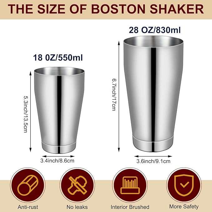 Lallisa 10 Pieces Cocktail Shakers Professional Bar Boston Shaker Set Stainless Steel Martini Shaker Drink Mixer Basic Tools Weighted Shake Metal Can for Bartenders, 18 Oz, 28 oz(Silver)