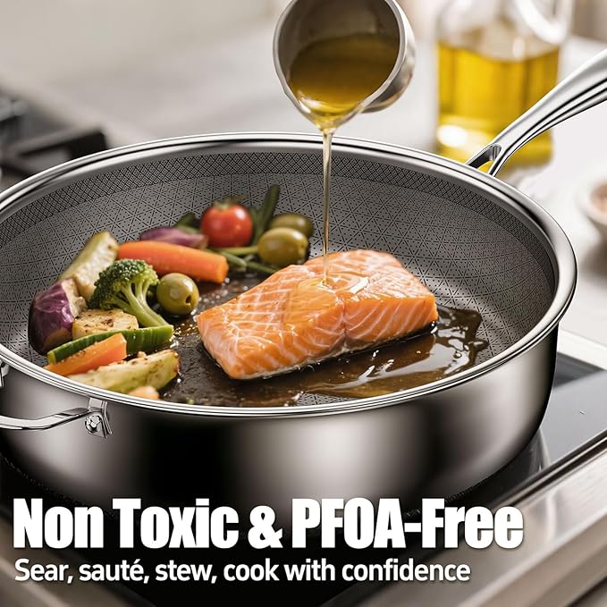 5 Qt Saute Pan with Lid, 5 Ply Stainless Steel Pan with Lid, Non Stick Frying Pans, Cooking Pot Deep Frying Pan Non-Toxic, For Induction, Oven, Dishwasher Safe