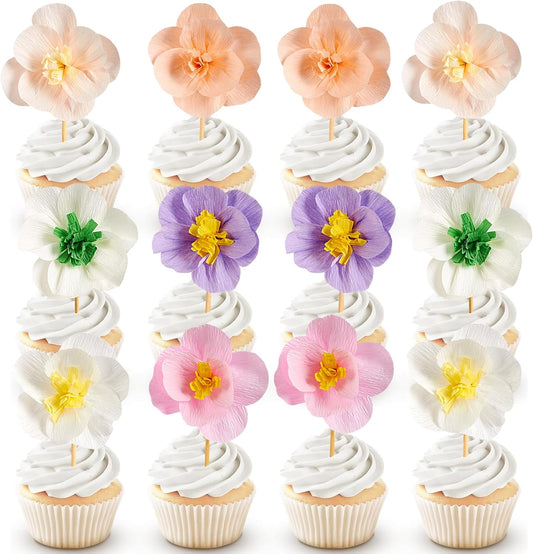 Easy Joy Cupcake Toppers, Wildflower Party Decorations, Flower Cupcake Toppers, Baby in Bloom Baby Shower Decorations for Kids Cake Birthday Party, Wedding, Flowers Wedding Themed Party 16PCS