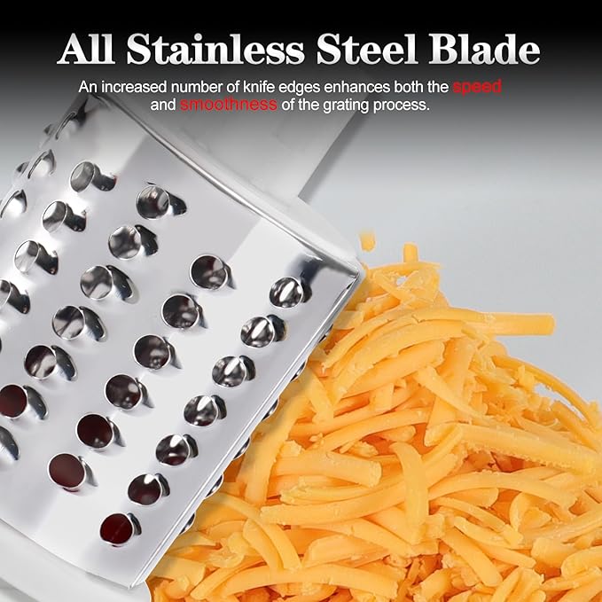 Ourokhome Rotary Cheese Grater Hand Crank, Kitchen Shredder Speed Mandolin Slicer Nut Grinder with Handle and Drum Blades for Cheese, Vegetable, Walnut, Chocolate, Potato, Carrot, 3 Blades, Red