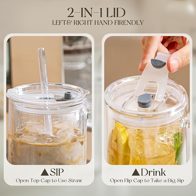 KEMORELA 24 Oz Ribbed Glass Tumblers with Lids and Straws, Tumbler Cup with Handle, Iced Coffee Glassware, Clear Reusable Drinkware for Smoothies and Beverages (1)