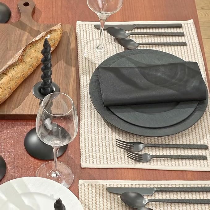 KINGSTONE 30 Pcs Black Hammered Silverware Set for 6, 18/10 Stainless Steel Heavy Duty Flatware Set, Tableware Cutlery Utensil Sets for Home Restaurant Dishwasher Safe