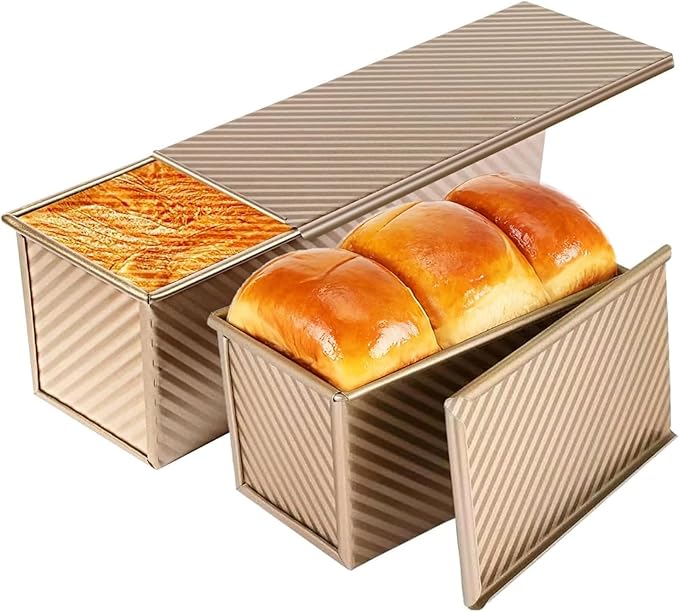 Pullman Loaf Pan with Lid, Pullman Loaf Pan 2.2 LB/1 LB, 2 Pack Nonstick Sandwich Bread Pan, for Bread, Sandwiches, and Toast, Golden, Deep Side and Corrugated