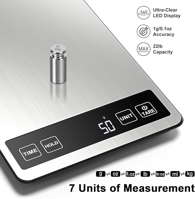 Fuzion Food Scale, 1g/0.1oz Kitchen Scale Grams and Ounces - 22lb, 7 Units, Tare & Timer Functions, Rechargeable Power, Tempered Glass & Stainless Steel - Digital Food Scale for Cooking, Baking