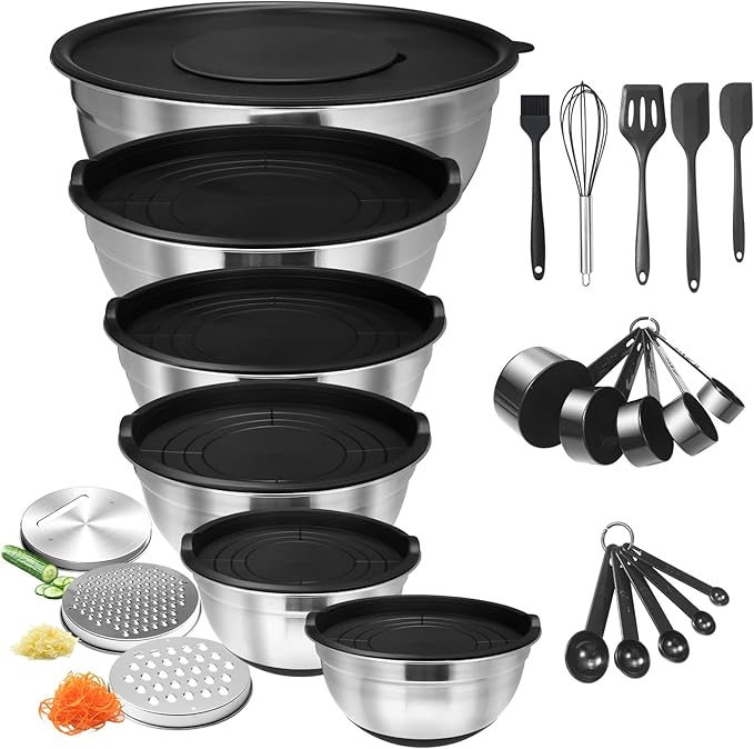 24Pcs Stainless Steel Bowls Set with 6 Airtight Lids & 3 Graters - Premium Non-Slip Base Nesting Mixing Bowls for Food Prep, Serving & Storage