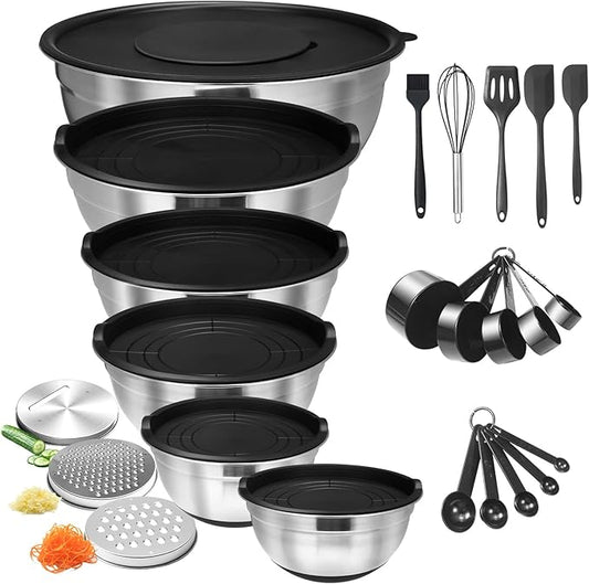 24Pcs Stainless Steel Bowls Set with 6 Airtight Lids & 3 Graters - Premium Non-Slip Base Nesting Mixing Bowls for Food Prep, Serving & Storage