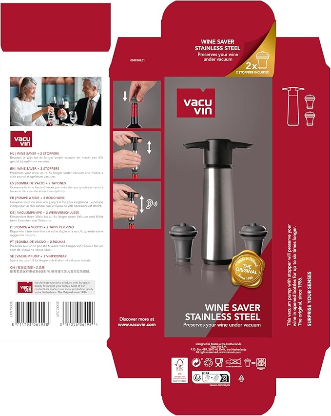 Vacu Vin Stainless Steel Wine Saver Pump with 2 Vacuum Stoppers - Airtight, Leakproof, and Reusable to Preserve Wine Freshness for Up to 10 Days - Easy to Use Perfect for Every Occasion