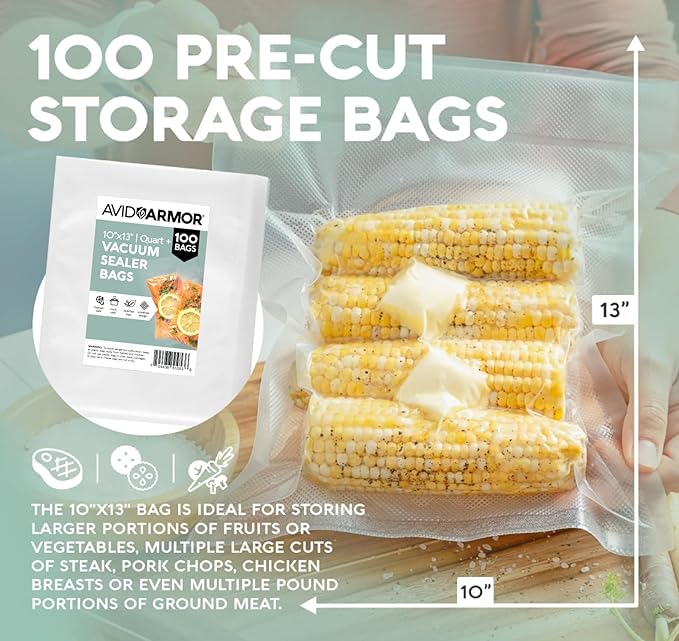 Avid Armor Vacuum Sealer Bags QUART PLUS Size 10"x13" 100 Pack for Food Saver and Seal A Meal Vac Sealers BPA Free Commercial Grade Sous Vide Vaccume Safe, Heavy Duty Universal Precut Storage Bag