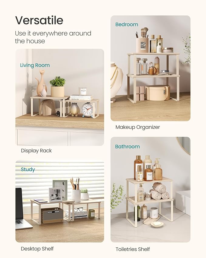 SONGMICS Cabinet Organizer Shelf, Set of 2 Kitchen Counter Shelves, Kitchen Storage, Spice Rack, Stackable, Expandable, Metal and Engineered Wood, Travertine Beige and Cream White UKCS020L01