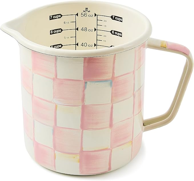 MACKENZIE-CHILDS Enamel Measuring Cup, Cute Measuring Cup with Pour Spout, 7-Cup Capacity, Pink-and-White Rosy Check