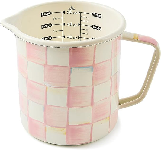 MACKENZIE-CHILDS Enamel Measuring Cup, Cute Measuring Cup with Pour Spout, 7-Cup Capacity, Pink-and-White Rosy Check