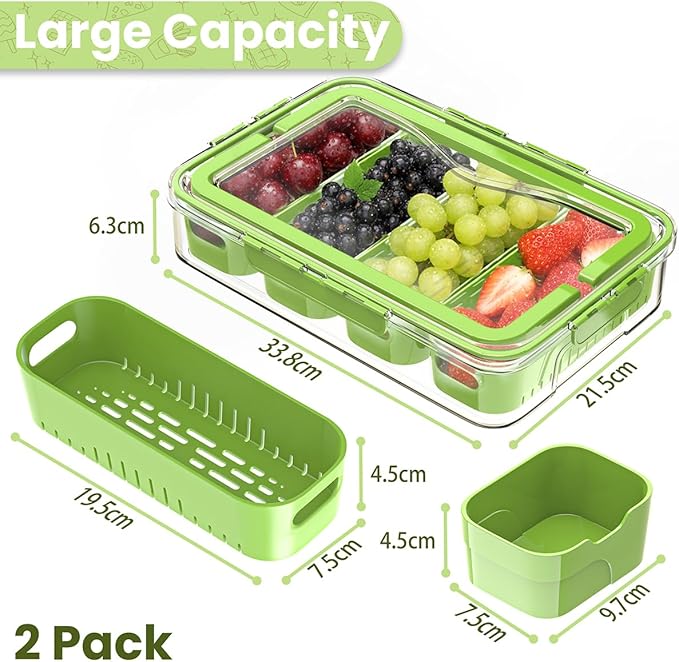 2 Pack Divided Serving Tray with Lid and Handle-Snackle Box Large Charcuterie Container for Portable Fridge Snack Platters-Reusable 8 Compartment Clear Storage Organizer(Green)