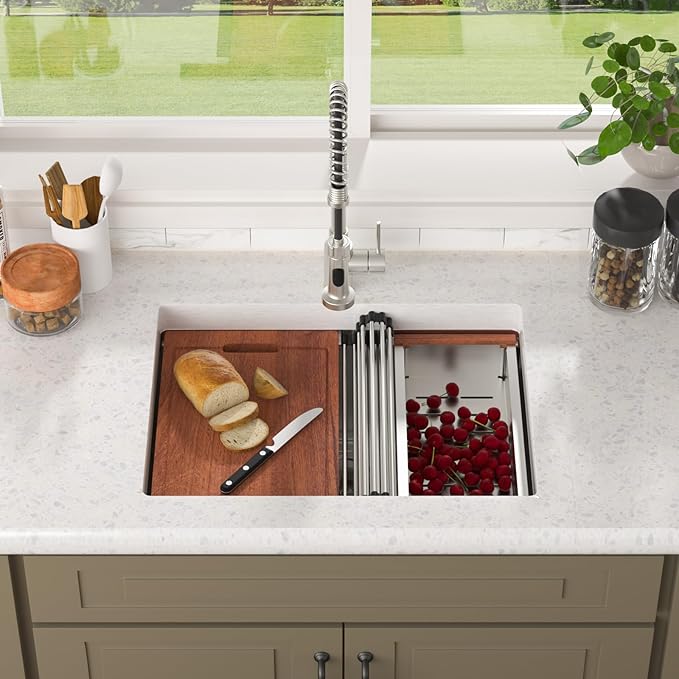 Lordear 25 Inch Undermount Kitchen Sink Workstation 25x19x10 16 Gauge Stainless Steel Single Bowl Round Corner Kitchen Sinks