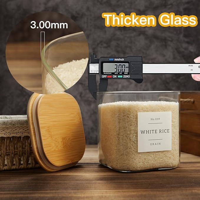 Large Glass Flour and Sugar Containers with 42 Kitchen Pantry Labels - 85 Oz Glass Food Storage Containers with Airtight Lids - Square Glass Jars with Bamboo Lids for Rice, Pasta, Cookies