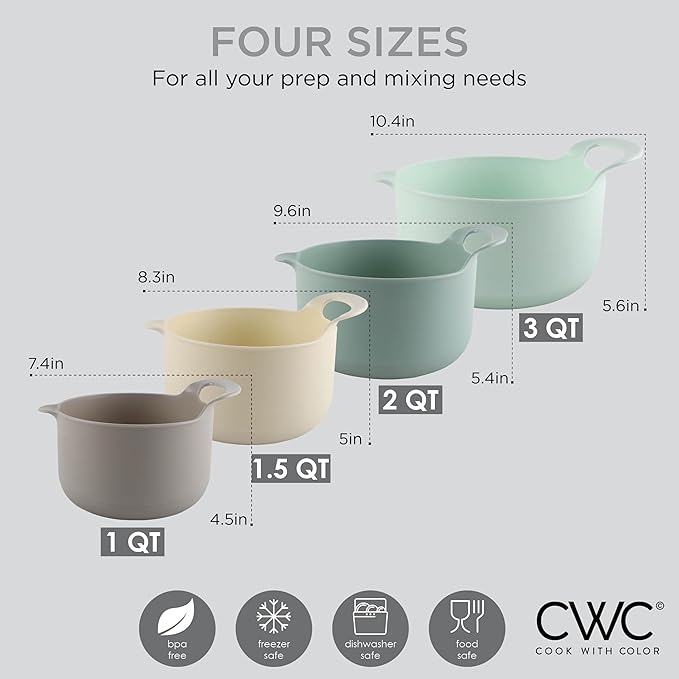 COOK WITH COLOR Nesting Plastic Mixing Bowl Set with Pour Spouts and Handles, Ombre Mint, 4 Piece Non-Slip