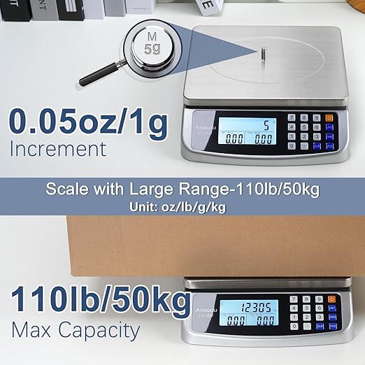 110lb Food Scale, Commercial Kitchen Scale with Price Computing, Plug-in Usable, 0.05oz/1g, 304 Stainless Steel, for Cooking, Vegetables, Farm, Industry, Counting. LC300 Silver