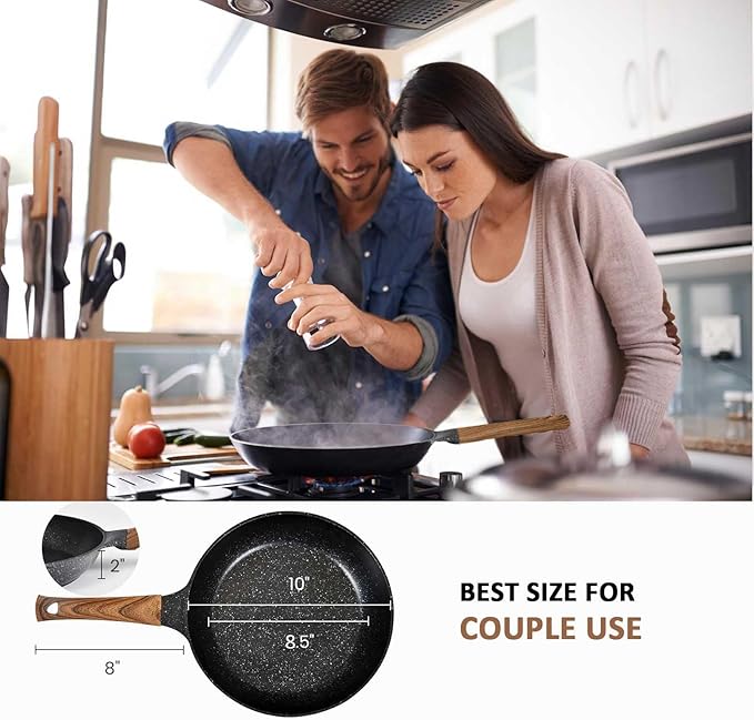 Nonstick Frying Pan with Lid, 10 In Non Stick Aluminum Granite Coating Chef's Pan, Small Egg Frying Pans for Breakfast, Cookware Pan Set for Gas Stove, Induction Top