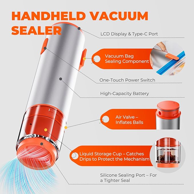 Handheld Vacuum Sealer with Multi-Purpose Use, Powerful Suction, 4 Mason Jar Lids, Aluminum Body, One-Touch Operation, Kitchen Essentials for Sports Balls, Gray