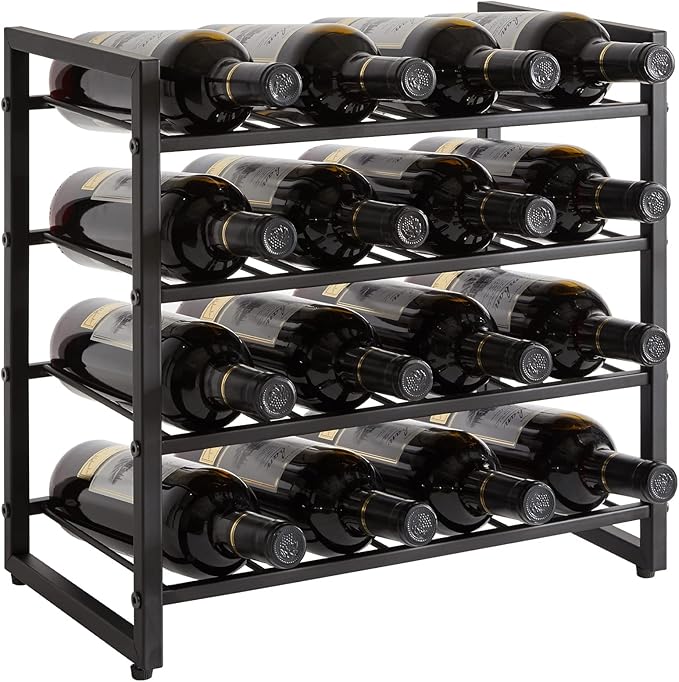 IBUYKE Wine Racks Countertop, 4 Tiers Metal Wine Rack,Wine Rack Freestanding Storage 16 Bottle Capacity, for Home Kitchen, Pantry, Wine Cellar, Bar, Black UTMJ903H
