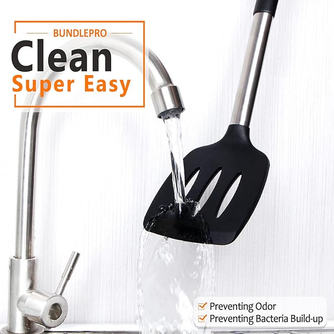 Silicone Cooking Utensil Set, 8Pcs Non-stick Cookware with Stainless Steel Handle, BPA Free Heat Resistant Kitchen Tools with Spatulas, Turners, Spoons, Skimmer and Pasta Fork