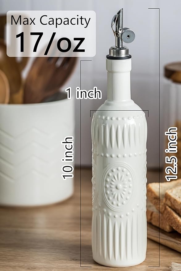 LYEOBOH Oil Dispenser for Kitchen, Olive Oil Dispenser Bottle with Non Drip Spout - 17 OZ Ceramic Vinegar Dispenser Bottle, Easy to Use for Kitchen Gadgets, Frying, BBQ, White