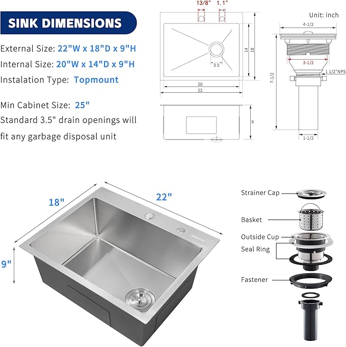 Kitchen Sink 22x18 Topmount Single Bowl Drop-in Sinks 304 Stainless Steel Handmade Home Bar Outdoor RV Sinks Brushed