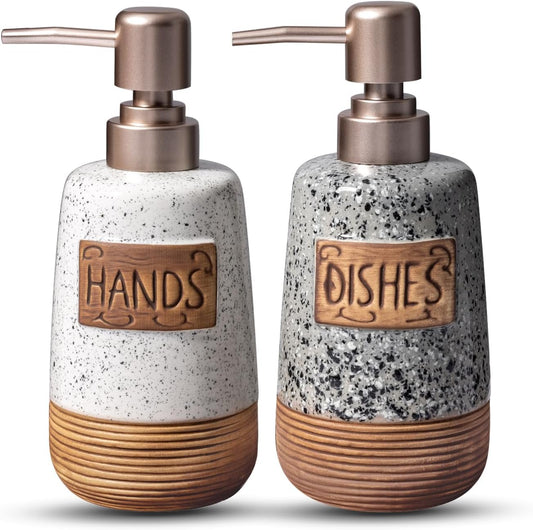 Hand and Dish Soap Dispenser Set, Farmhouse Ceramic Soap Dispenser for Kitchen Sink, 15 OZ Vintage Hand Wash Liquid Dispenser for Bathroom Rustic Boho Modern Kitchen Decor Accessories