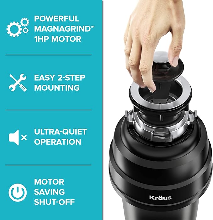 KRAUS WasteGuard 1 HP Ultra-Quiet Garbage Disposal with Quick Connect, Kitchen Sink Drain Cover, Power Cord and Flange Included, KWD100-100MBL