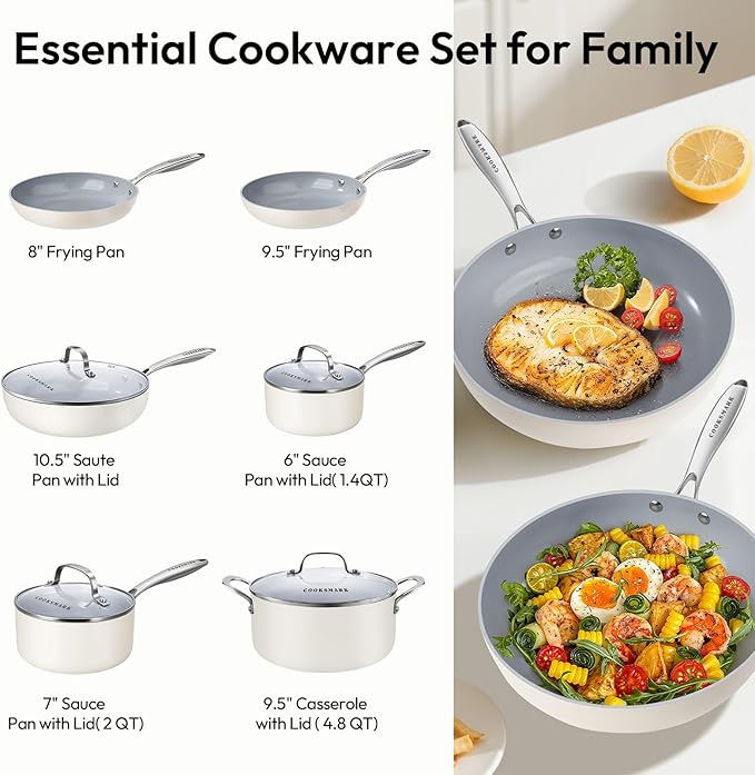 10-Piece Ceramic Nonstick Cookware Set - PFOA-Free Pots and Pans with Glass Lids, Healthy Cooking Easy Clean, Induction Compatible & Oven Safe, Includes Frying Pan, Saucepan, Stockpot - Cream White