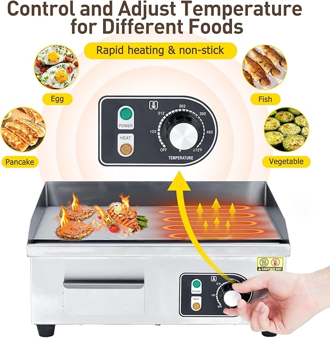 14" Commercial Electric Griddle, 1500W Electric Countertop Griddle, Non-Stick Restaurant 110V Teppanyaki Flat Top Grill Stainless Steel Adjustable Temperature Control 122°F-572°F (with PLUG)