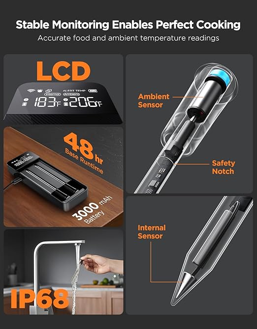 GoveeLife Bluetooth Wireless Meat Thermometer with 2 Probes, Standalone Digital Base, WiFi Unlimited Range, ±1.8℉ Accuracy, IP68 Waterproof Real Time Monitoring, for Kitchen, BBQ, Grill, Oven, Smoker