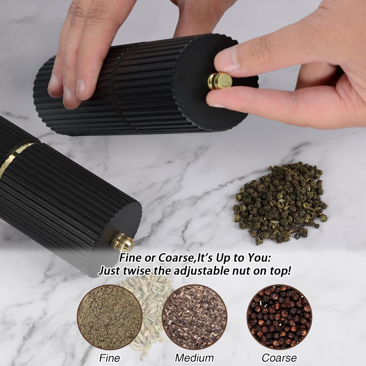 Wooden Salt and Pepper Grinder Set with Gold Accents, Salt and Pepper Grinder with Adjustable Coarseness, Beech Wood Pepper Grinder Manual,Salt and Pepper Shakers Matching Wooden Rray for Gifting