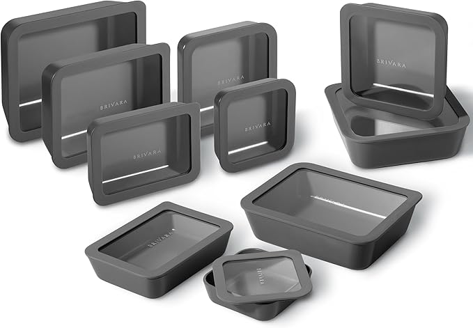 Ceramic Coated Glass Food Storage Containers | No PTFE, PFOA, PFAS, and BPA | Reusable Non Toxic Meal Prep Containers with Glass Lids | Easy To Store | 10 Piece Set [Onyx]