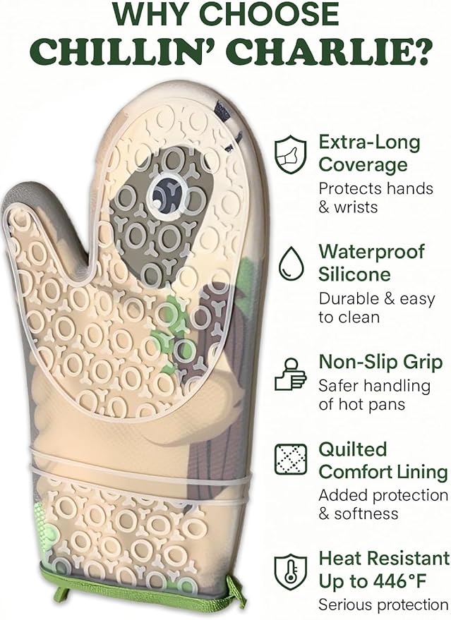 Sloth Oven Mitt Silicone Heat Resistant Glove - Chillin' Charlie Funny Animal Kitchen Accessories for Baking, Cooking & Gifts - Cute Sloth Kitchen Gadget with Fabric Lining