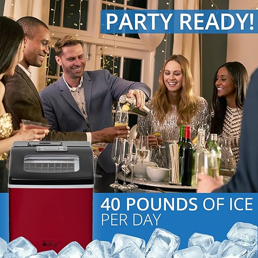 Deco Chef 40LB Countertop Ice Maker for Home, Office, Bars, and Parties, Makes Extra Large Cubes, 2.4 lb of Ice Every 15-20 Minutes, Self Cleaning, LCD Status Indicator, Adjustable Cube Size, Red