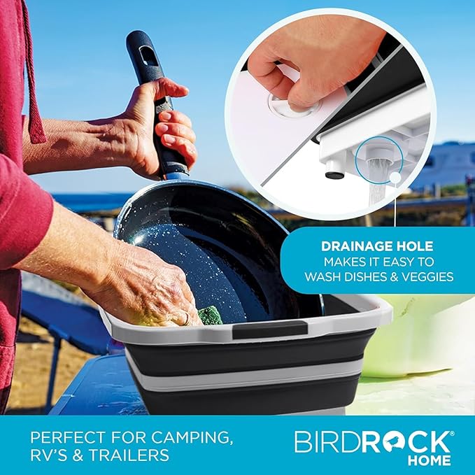 BIRDROCK HOME 2-pack Collapsible BBQ Prep Tub w/Cutting Board, Multi-Function Grill Caddy w/Colander & Lid, Portable Silicone Dish Bowl for Picnic, Tailgate, Camping (Black, Large, X-Large)