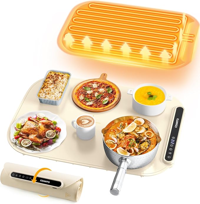 Coanto Food Warming Mat, Electric Warming Tray for Buffets & Parties, Silicone Heating Mat with 7 Temperature Settings, Roll-Up Storage, 17.91"x12.8", Beige